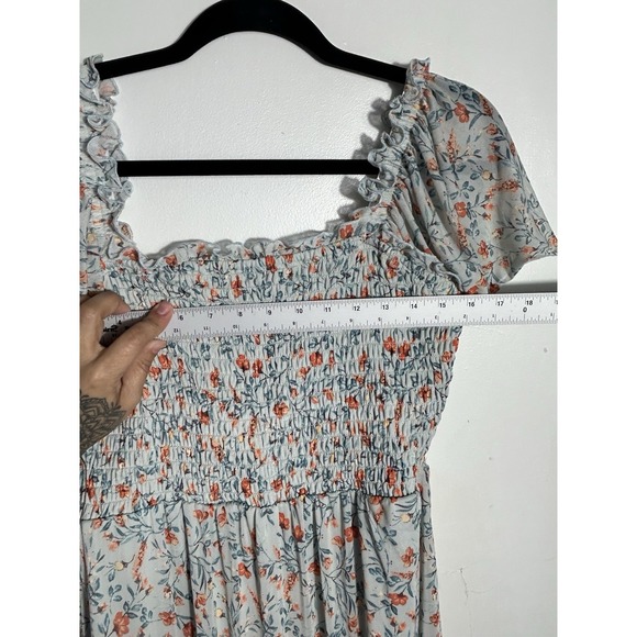 Luxology Floral Mesh Midi Dress Large Smocked Bodice Flutter Sleeve Cottagecore - Picture 8 of 10